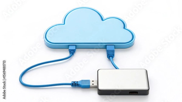 Fototapeta Cloud connect network cable memory device concept with blue cloud shape and external hard drive connected by blue cable