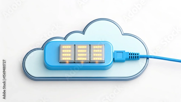 Fototapeta Cloud connect network cable and memory concept with blue ethernet plug and digital display on cloud shape