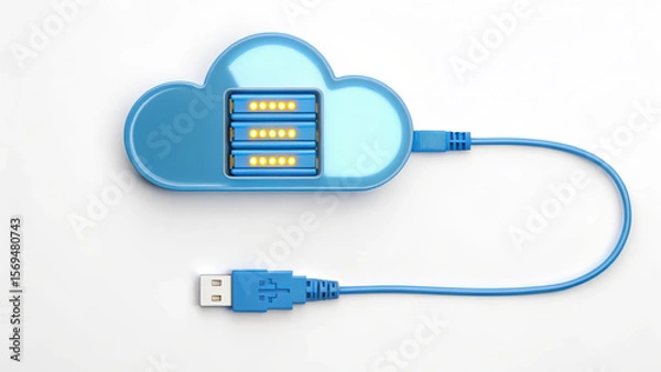 Fototapeta Cloud network connect cable with memory storage concept showing data transfer and digital connection