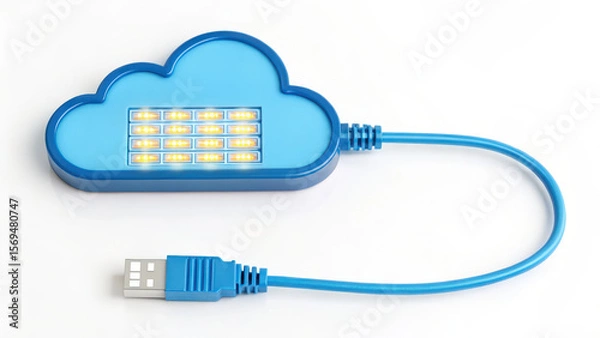 Fototapeta Cloud connect network cable with glowing memory icon symbolizing data storage and transfer technology concept