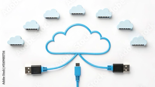 Fototapeta Cloud connect network cable memory concept with blue USB cables shaped as cloud and small cloud icons