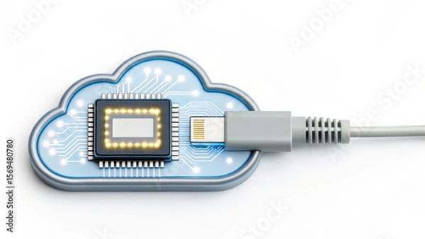 Fototapeta Cloud shaped circuit board with memory chip connected by network cable symbolizing data connect and storage