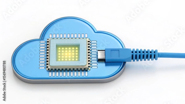 Fototapeta Cloud shaped device with memory chip connected by blue network cable symbolizing cloud connect technology