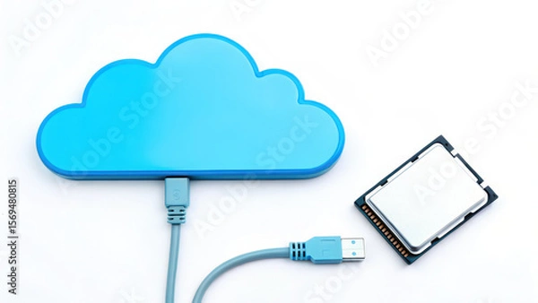 Fototapeta Cloud shaped external hard drive with USB cable connect to computer memory chip symbolizing network storage