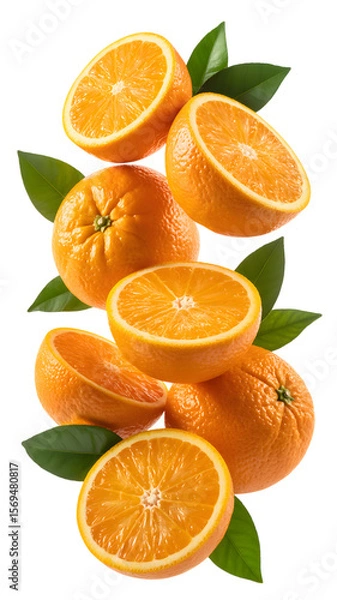 Fototapeta Flying orange fruits with half slice and green leaves isolated on transparent white background