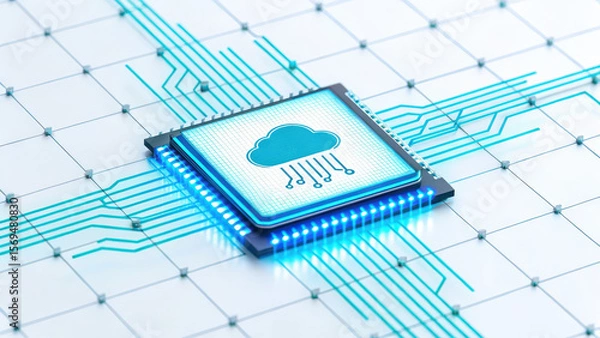 Fototapeta Cloud connect network cable memory concept with microchip and circuit board for digital data storage and transfer
