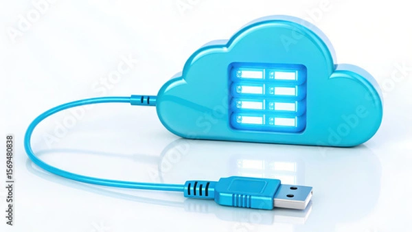 Fototapeta Cloud connect network cable memory concept with blue USB plug and cloud shape storage device glowing