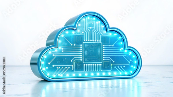 Fototapeta Cloud network connect cable memory concept with glowing blue circuit board shaped like cloud on white surface