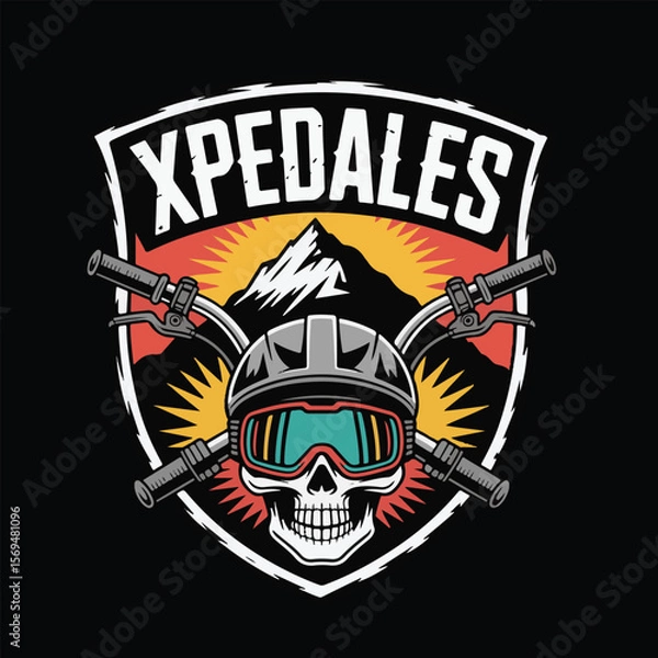 Fototapeta Skull wearing a helmet and goggles with mountain and handlebars emblem