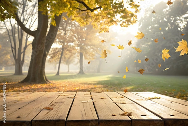 Fototapeta Warm Autumn Forest Background with Deck in Foreground