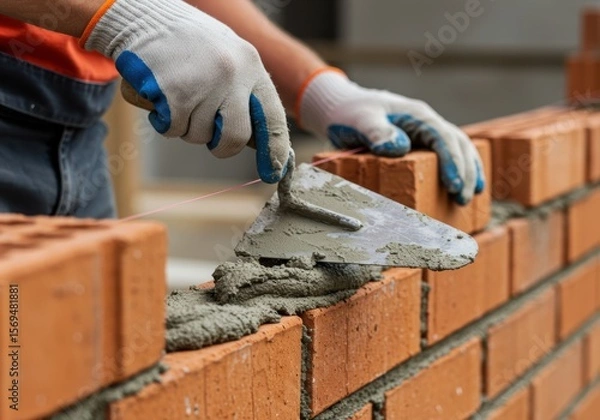 Fototapeta Construction Worker Laying Bricks, a builder uses a trowel and mortar to build a wall, a close-up of industrial work
