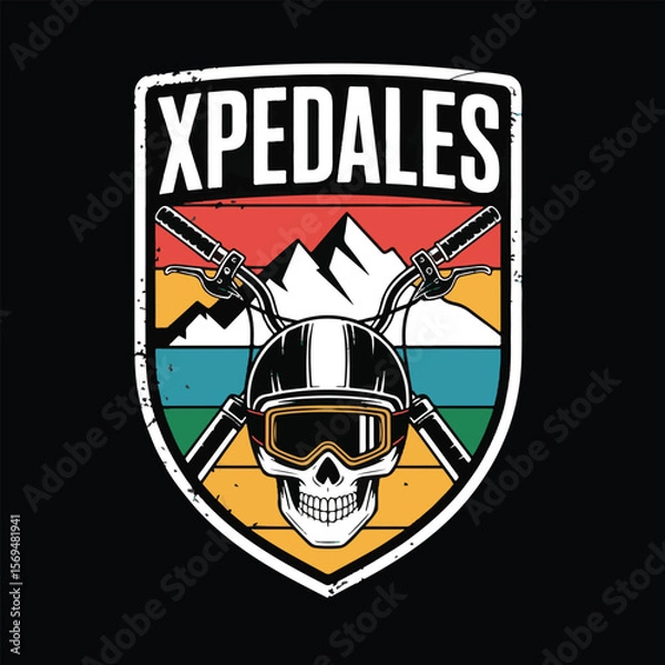 Fototapeta Skull with goggles and handlebars emblem featuring mountains and retro stripes