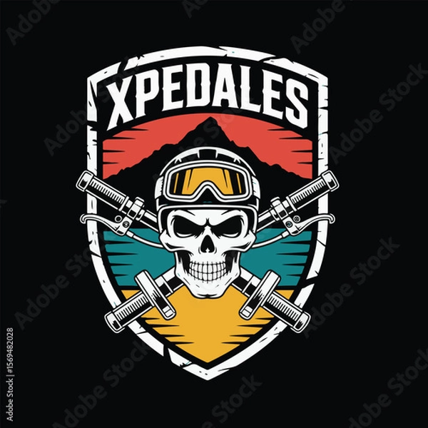 Fototapeta Skull wearing goggles and helmet with crossed handlebars in a shield emblem