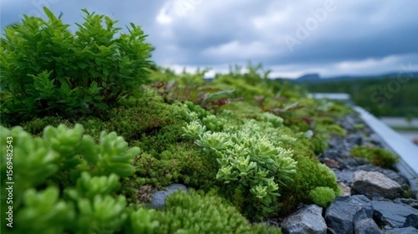 Fototapeta Green living roof with close-up on vegetation texture for sustainable architecture.