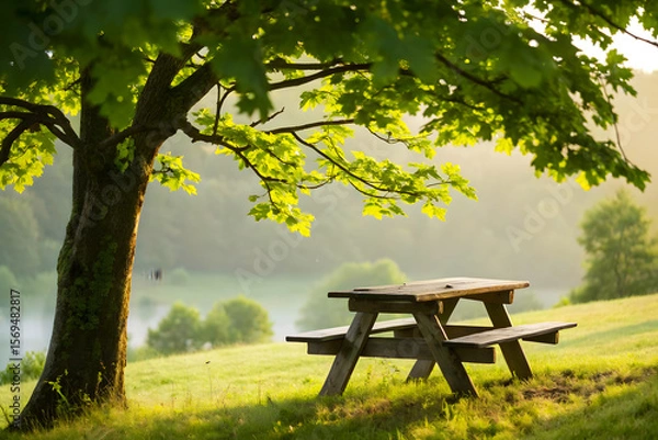 Fototapeta Wooden Picnic Table Under Tree in Morning Light