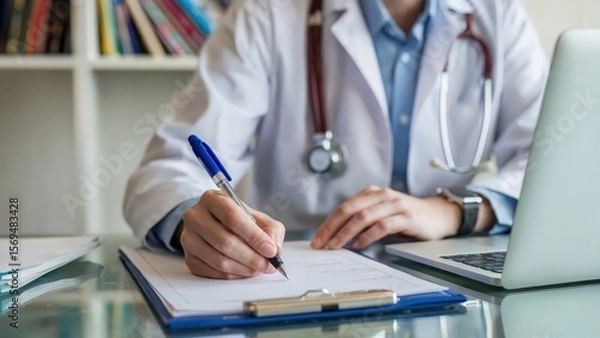 Obraz Focused physician taking notes during patient consultation, recording medical information with a pen in hand, wearing a lab coat and stethoscope in a modern office environment.