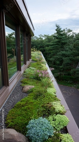 Fototapeta Green roof design highlighting lush vegetation overhanging edge for sustainable architecture.