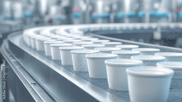 Fototapeta White yogurt cups on conveyor belt in dairy processing facility, heading to filling station
