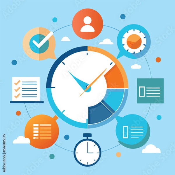 Fototapeta Illustrative abstract clock and associated elements representing time management and organizational planning