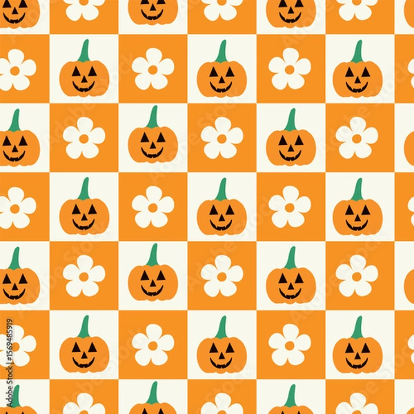 Fototapeta Checkered Halloween pumpkins and white flowers seamless pattern on orange and white checkerboards. For Halloween fabric, textile and decoration