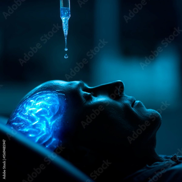 Obraz Neurological image of a man's head with brain highlighted in blue