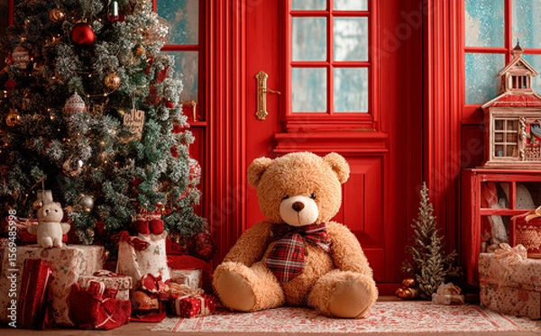 Obraz Cute teddy bear sitting on the floor beside a decorated Christmas tree and window. Cozy holiday scene with warm light, ideal for festive cards, banners, and seasonal designs.