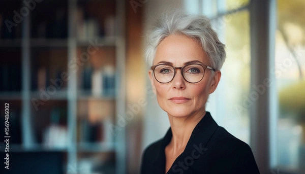 Obraz Portrait of a mature businesswoman wearing glasses looking at the camera in a modern office. A professional image ideal for corporate, leadership, and entrepreneurship topics.