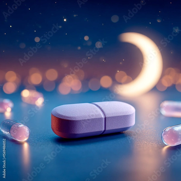 Obraz 3D rendering of sleeping pills with a crescent moon symbol on a dark background. Concept of insomnia, nighttime rest, mental health, and medical treatment.