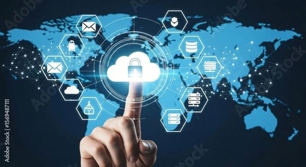 Fototapeta Global Cloud Security Network with Futuristic Digital Interface