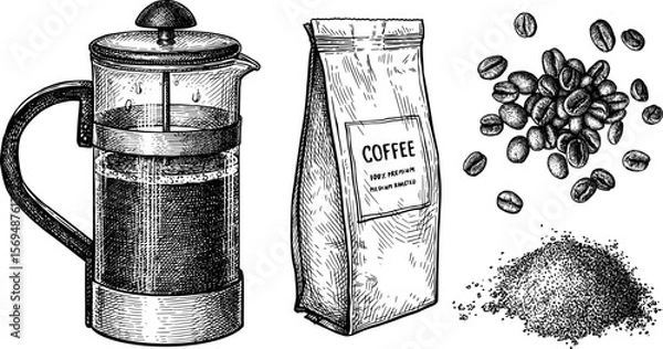 Fototapeta Coffee set ink sketch.