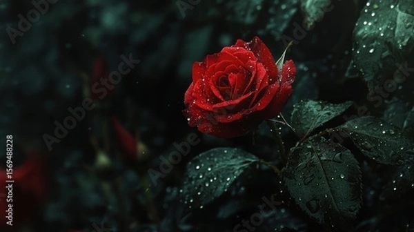 Obraz A Single Red Rose in the Rain: Dark Romance Photography