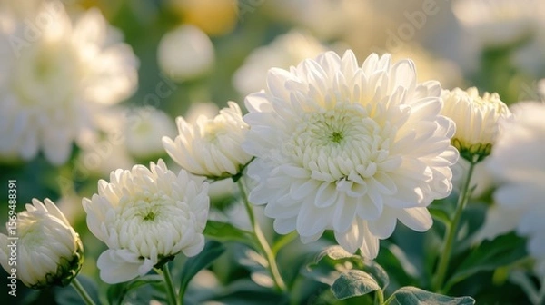 Obraz Serene Garden: A Close-Up of Exquisite White Chrysanthemums Basking in Golden Sunlight