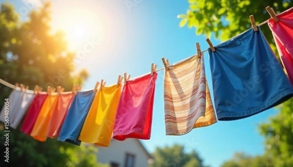 Obraz Summer Sunshine Colorful Laundry Drying on a Gentle Breeze, a cheerful scene of freshly washed clothes waving in the bright sunlight. Perfect for summer, home, and family themes.