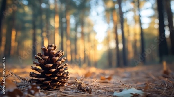 Obraz Autumnal Pine Cone in a Sunlit Forest