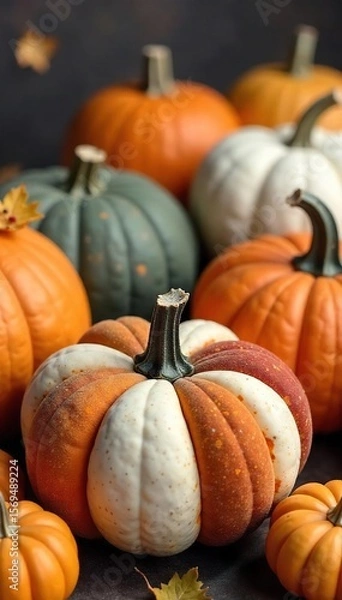 Obraz Charming Patchwork Pumpkins A Rustic Autumn Harvest Scene Perfect for Fall Blogs and Social Media