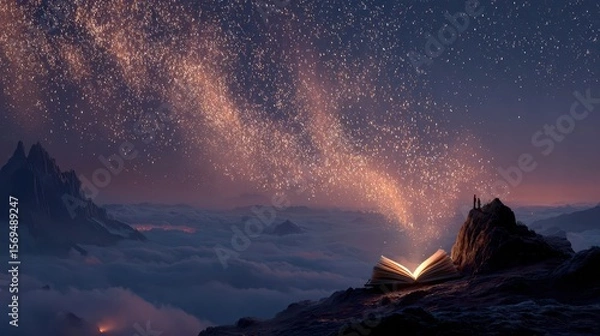 Fototapeta Celestial book of stars mountain peaks night sky scene mystical view