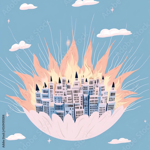 Fototapeta Vector set of surreal fantasy cities in beige and blue tones. Minimal, dreamy, imaginative worlds in a clean vector flat style.