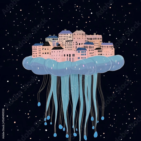 Fototapeta Vector set of surreal fantasy cities in beige and blue tones. Minimal, dreamy, imaginative worlds in a clean vector flat style.
