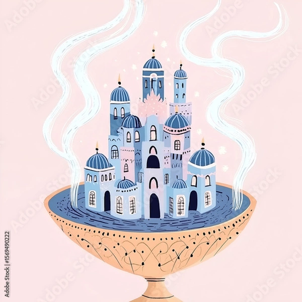 Fototapeta Vector set of surreal fantasy cities in beige and blue tones. Minimal, dreamy, imaginative worlds in a clean vector flat style.