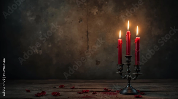 Fototapeta Burning red candles in a gothic candlestick with red rose petals on a wooden old table