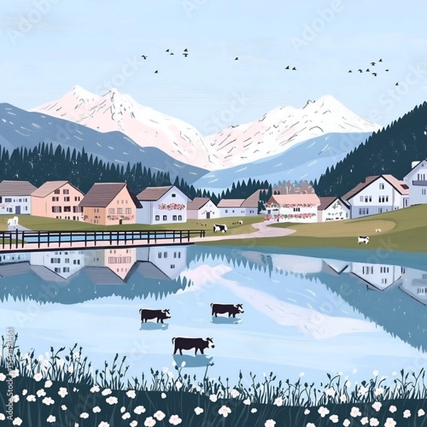 Fototapeta Vector set of surreal fantasy cities in beige and blue tones. Minimal, dreamy, imaginative worlds in a clean vector flat style.