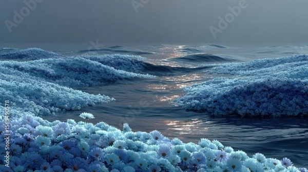 Fototapeta Waves of blue flowers on the serene ocean shore - wide angle view