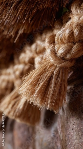 Fototapeta Intricate details of hand-tied straw thatching for rustic roofing design.