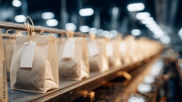Fototapeta Paper tea bags with blank tags on conveyor belt in tea packaging facility,