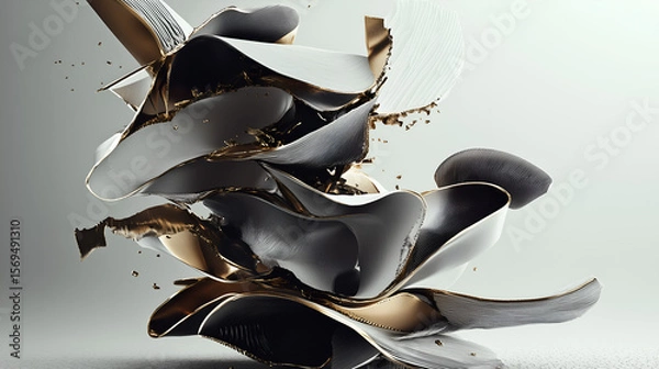 Fototapeta Twisted metallic abstractions with sharp edges in gray, black, and gold tones. Sculptural 3D forms on a light gray background. Futuristic, chaotic, and elegant digital metal compositions.