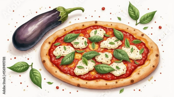 Fototapeta Illustration of pizza with eggplant on white background in watercolor style
