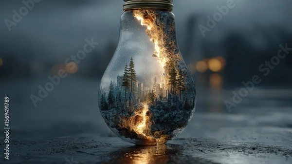 Fototapeta Nature's light enchanted forest in a light bulb surreal art
