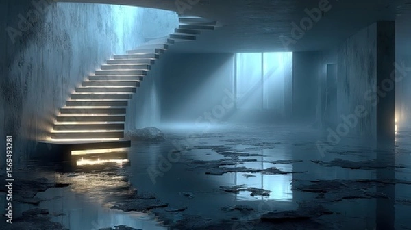 Fototapeta Mysterious abandoned staircase in a dark room of ethereal light
