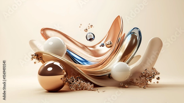 Fototapeta Fluid abstract forms with glossy spheres and soft splashes in golden, beige and blush tones. Minimalist composition on a neutral background. Elegant, modern and airy 3D aesthetic.