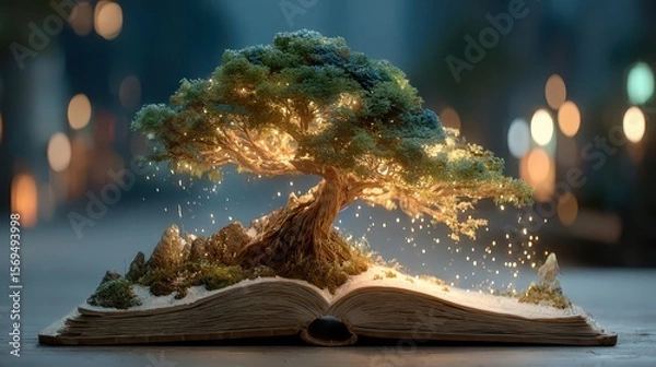 Fototapeta Imaginative surreal tree emerging from book in urban landscape